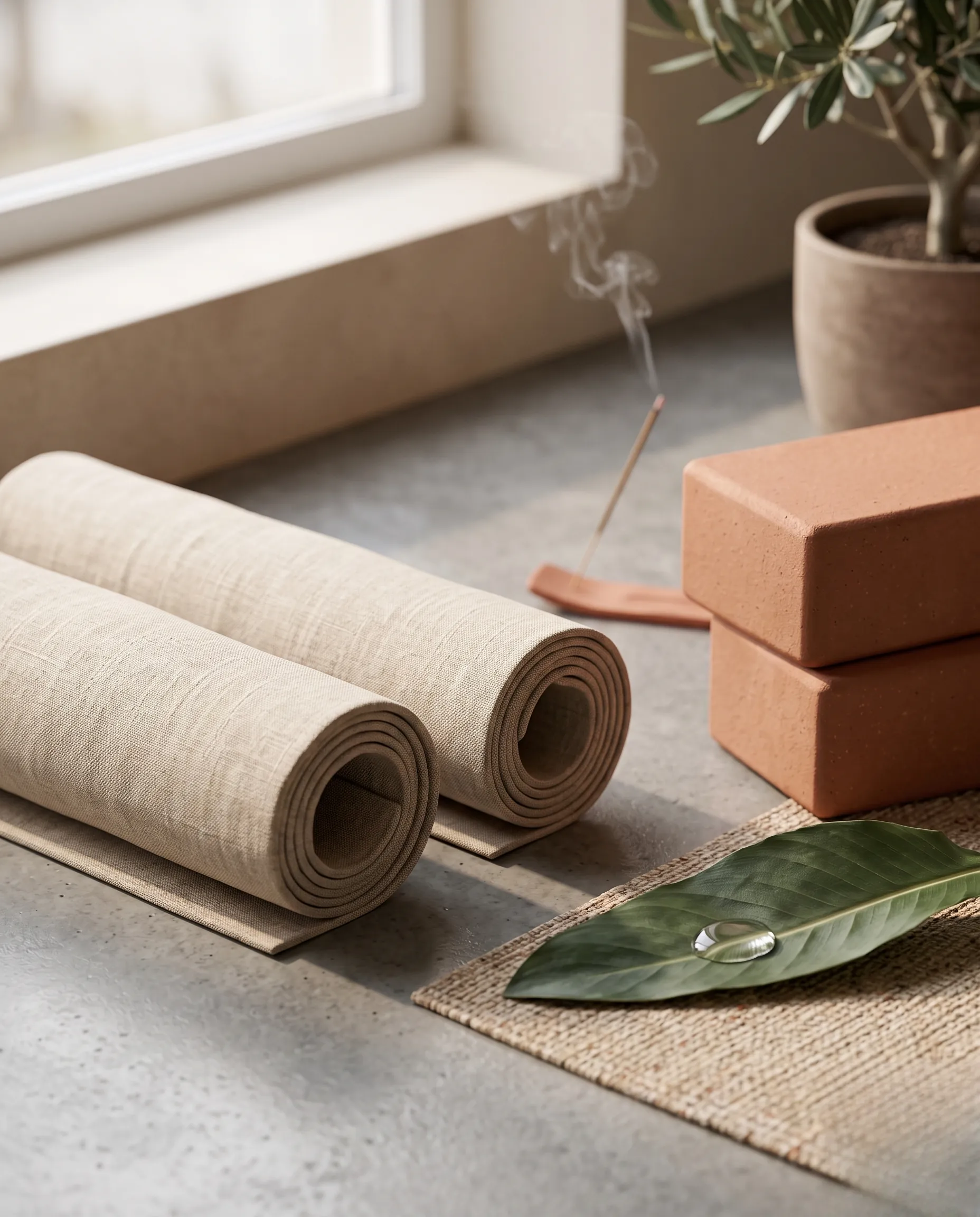 gainage post partum : Gros plan macro sur un tapis en lin naturel et des accessoires de bien-être aux tons sable et terre de sienne.