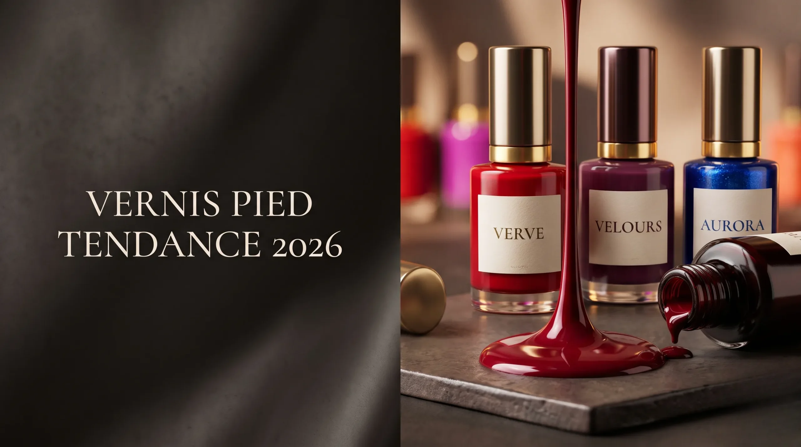 Collection de vernis à ongles avec le titre Vernis Pied Tendance 2026 en typographie élégante.