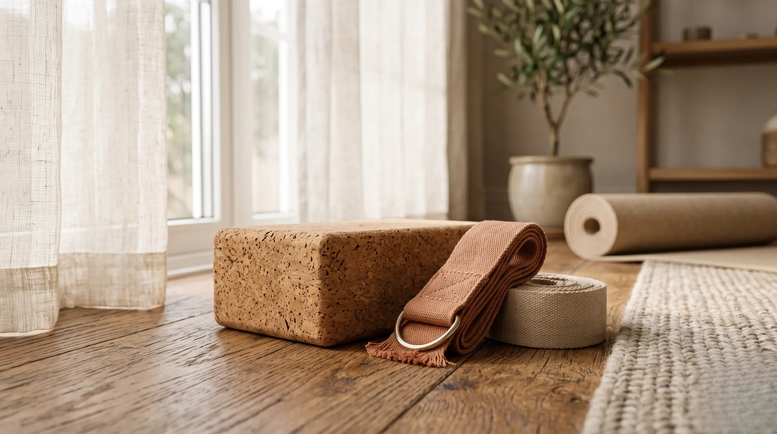yoga accessoires : Accessoires de yoga en matières naturelles et durables disposés dans un intérieur apaisant.