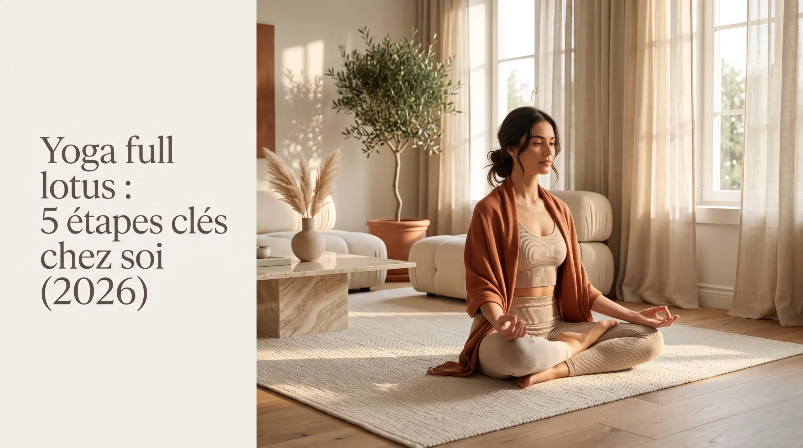 Photographie éditoriale d'une femme pratiquant le yoga dans un intérieur minimaliste et lumineux, illustrant le guide du full lotus à la maison.