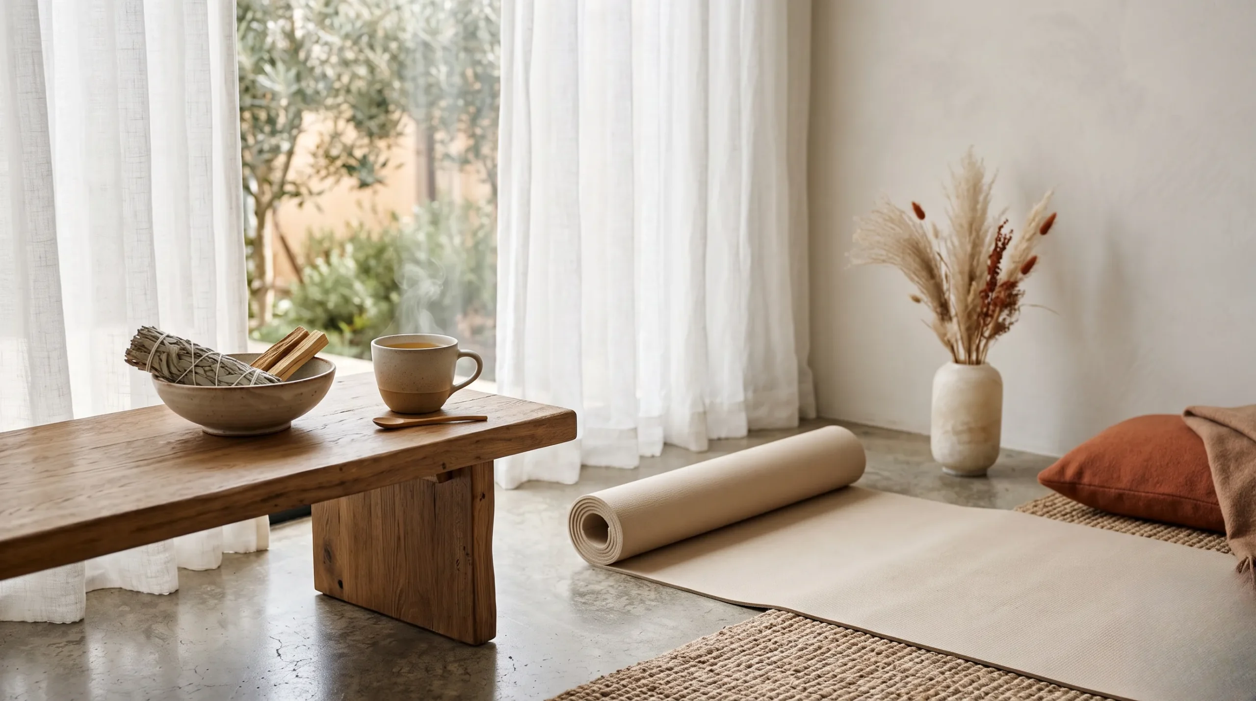 Coin bien-être minimaliste pour le yoga à la maison avec tapis beige et lumière tamisée.