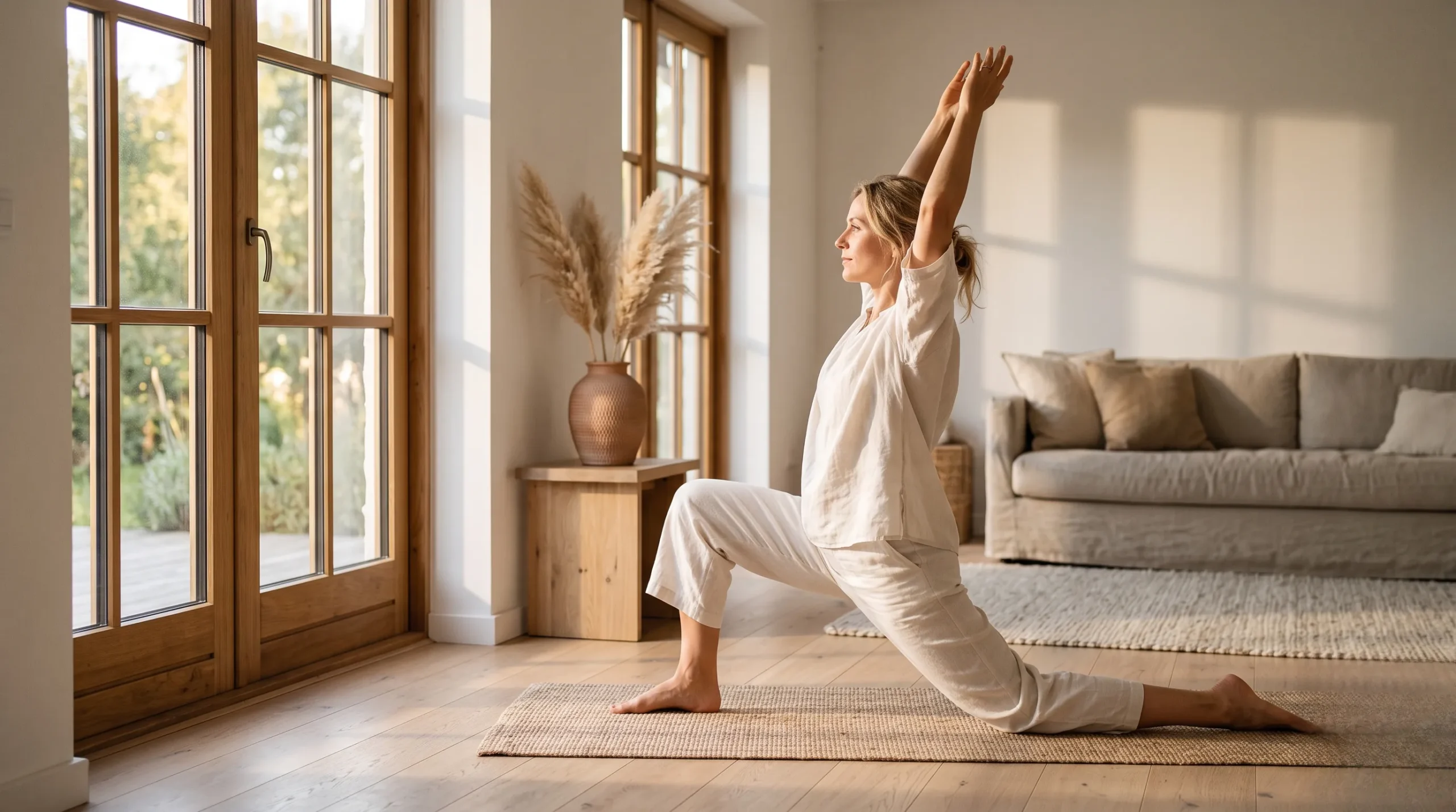 Femme pratiquant le yoga du matin dans un salon lumineux baigné de lumière dorée.